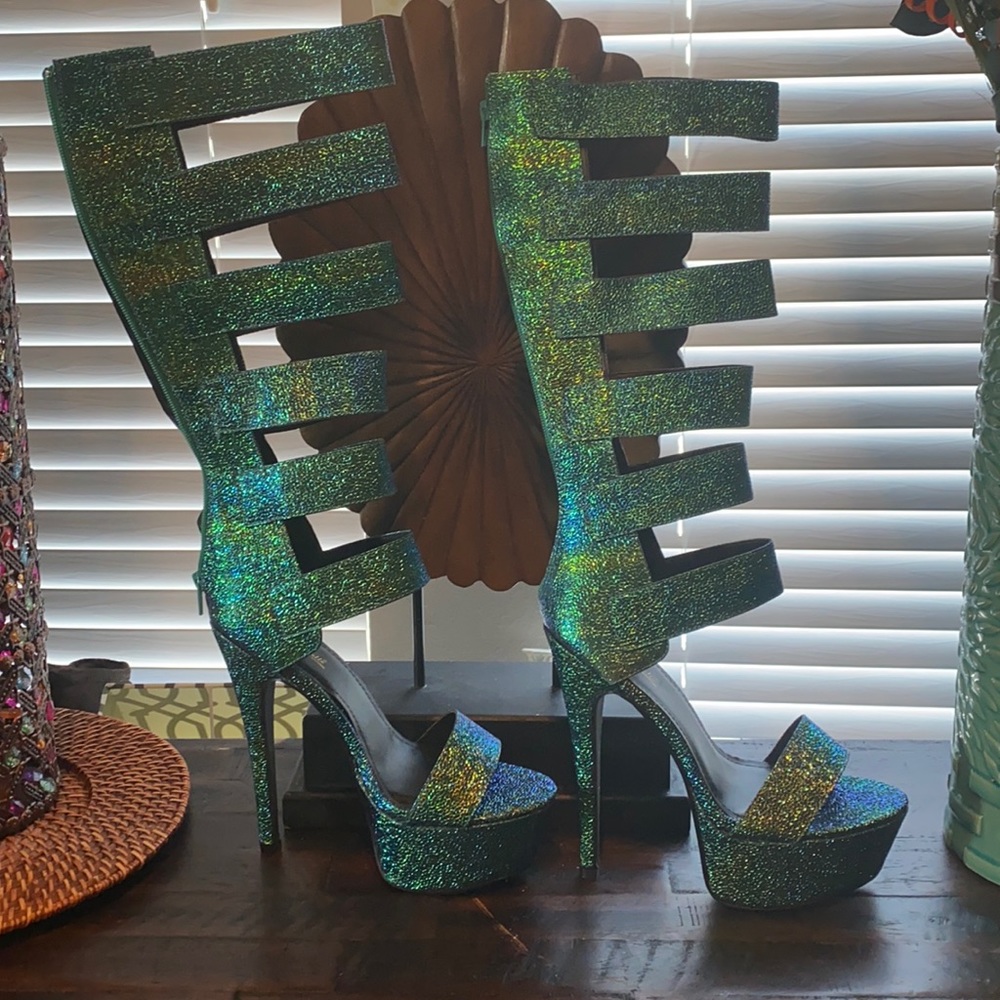 Anne Michelle Iridescent Green Heels-Turn Up